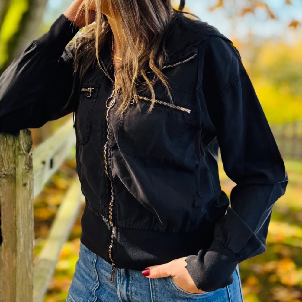 XCVI KARNEY DISTRESSED BOMBER JACKET HOODIE , BLACK